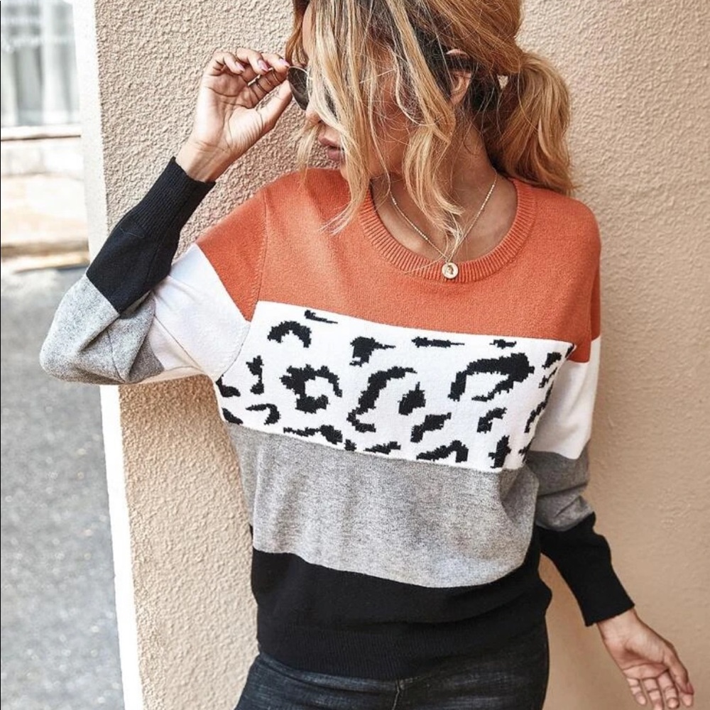 Color block stripe leopard print knit sweater pink - Picture 3 of 8